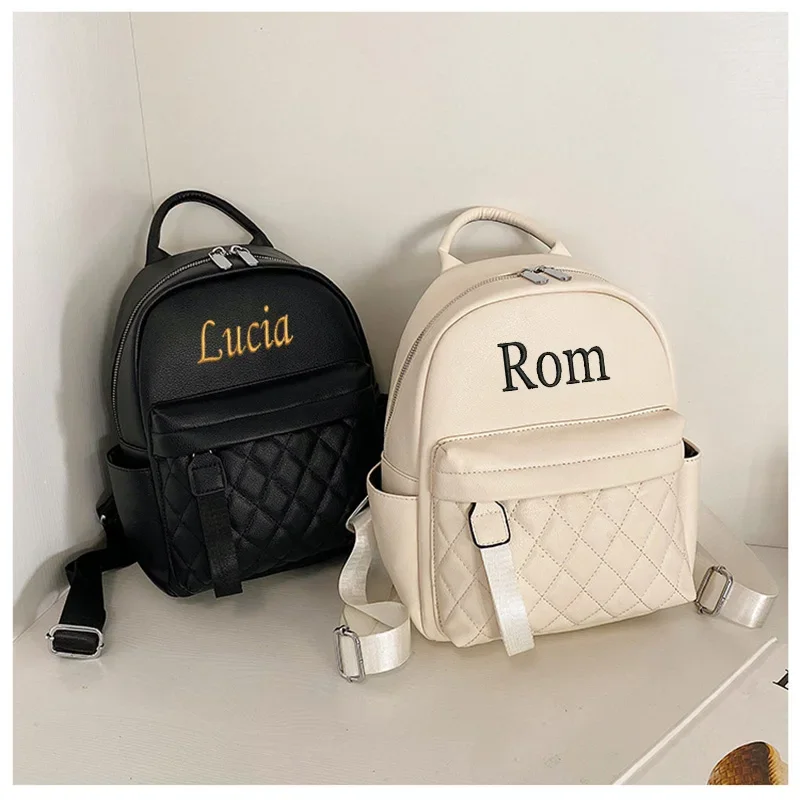 Embroidery Name Backpack Women\'s PU Bag Fashion Ladies Gift High Quality PU Backpack Personalized Girls Outdoor Small Backpack