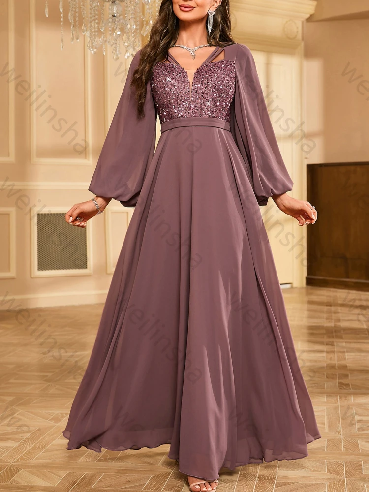

Customized Deep V-Neck Long Sleeves Sequin Pleat Evening Dresses Elegant Celebrity Dress Exquisite High Quality Prom Party Gowns