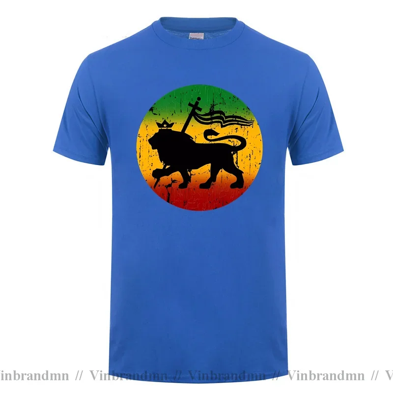 Fashion Distressed Vintage Rastafari Lion of Judah T shirt men Retro Rasta Reggae Music Design T-shirt Jamaica Lion King Tshirt