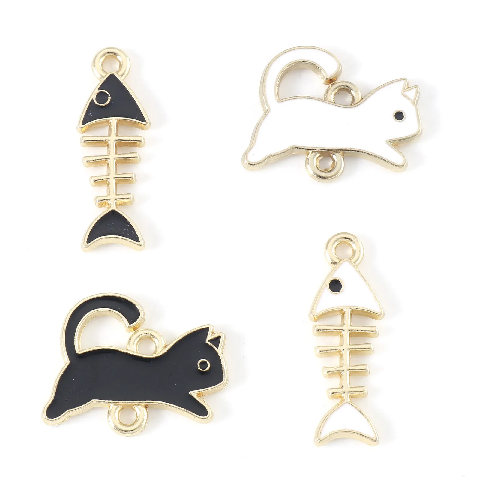 Cartoon Cat Fish Bone Connectors Gold Color Animal Black White Enamel Charms DIY Necklace Earrings Women Party Jewelry,10PCs