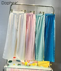 Heavy Industry Candy Color Rhinestone Casual Pants Women 2023 Spring and Summer New Elastic Waist Wide-Leg Draggle-Tail Trousers