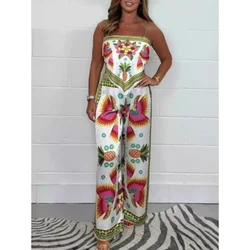 2024 New Summer Fashion Retro Street Style Sexy Printed Positioning Satin Strap Top Pants Set