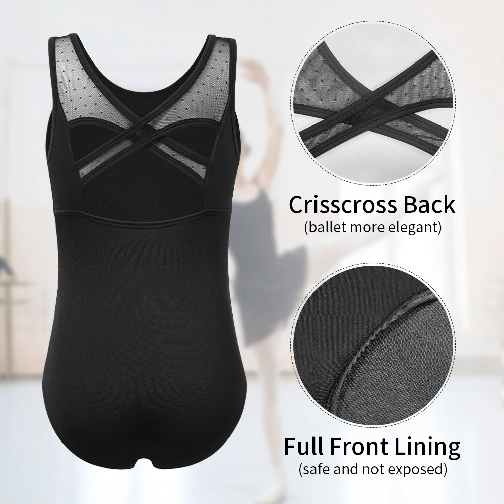 Girls Dance Leotard Ballet Mesh Dancewear Mesh Neckline Full Front Lining  Crisscross Hollow Back