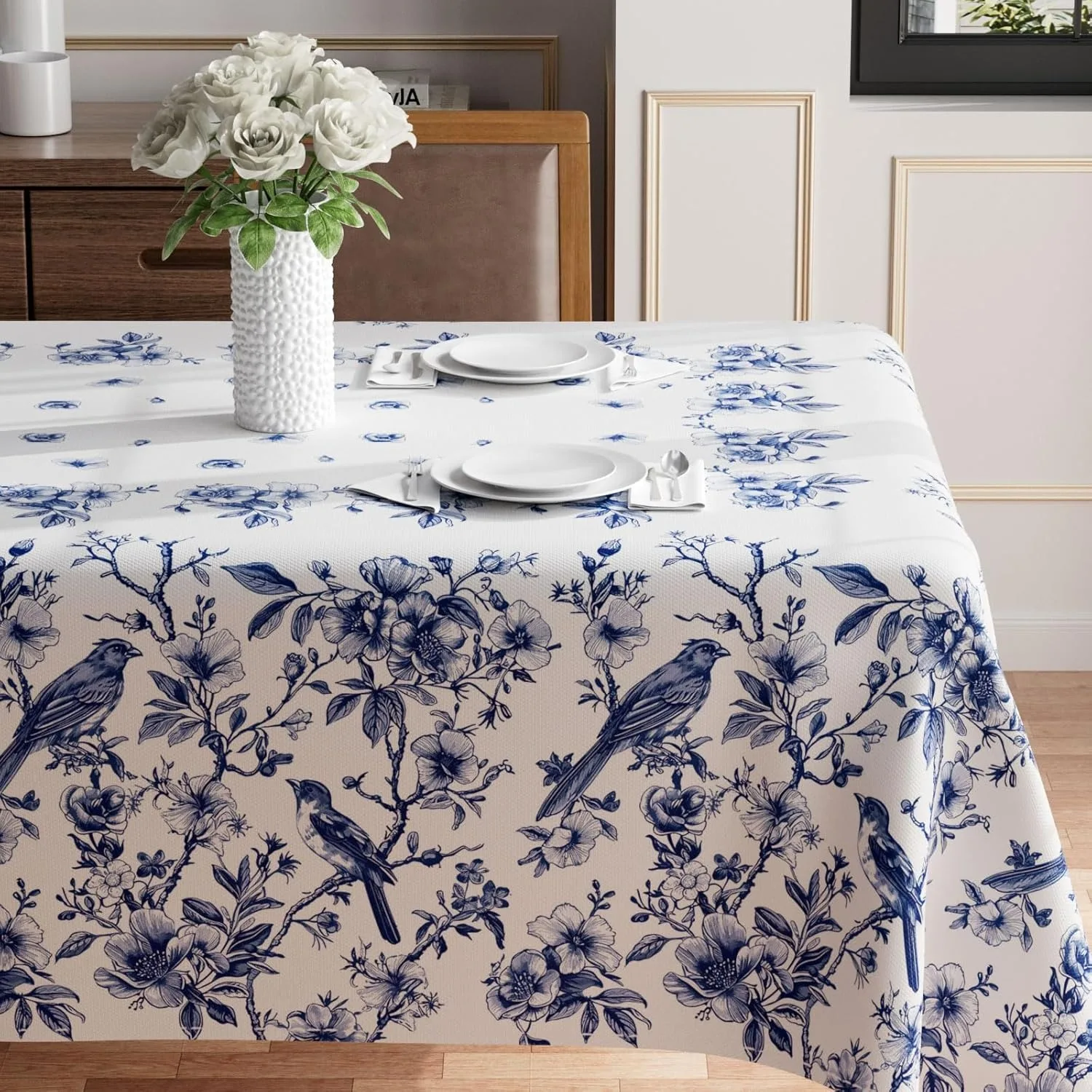 1 piece of rectangular round tablecloth in blue and white ceramic style bird patternzyc
