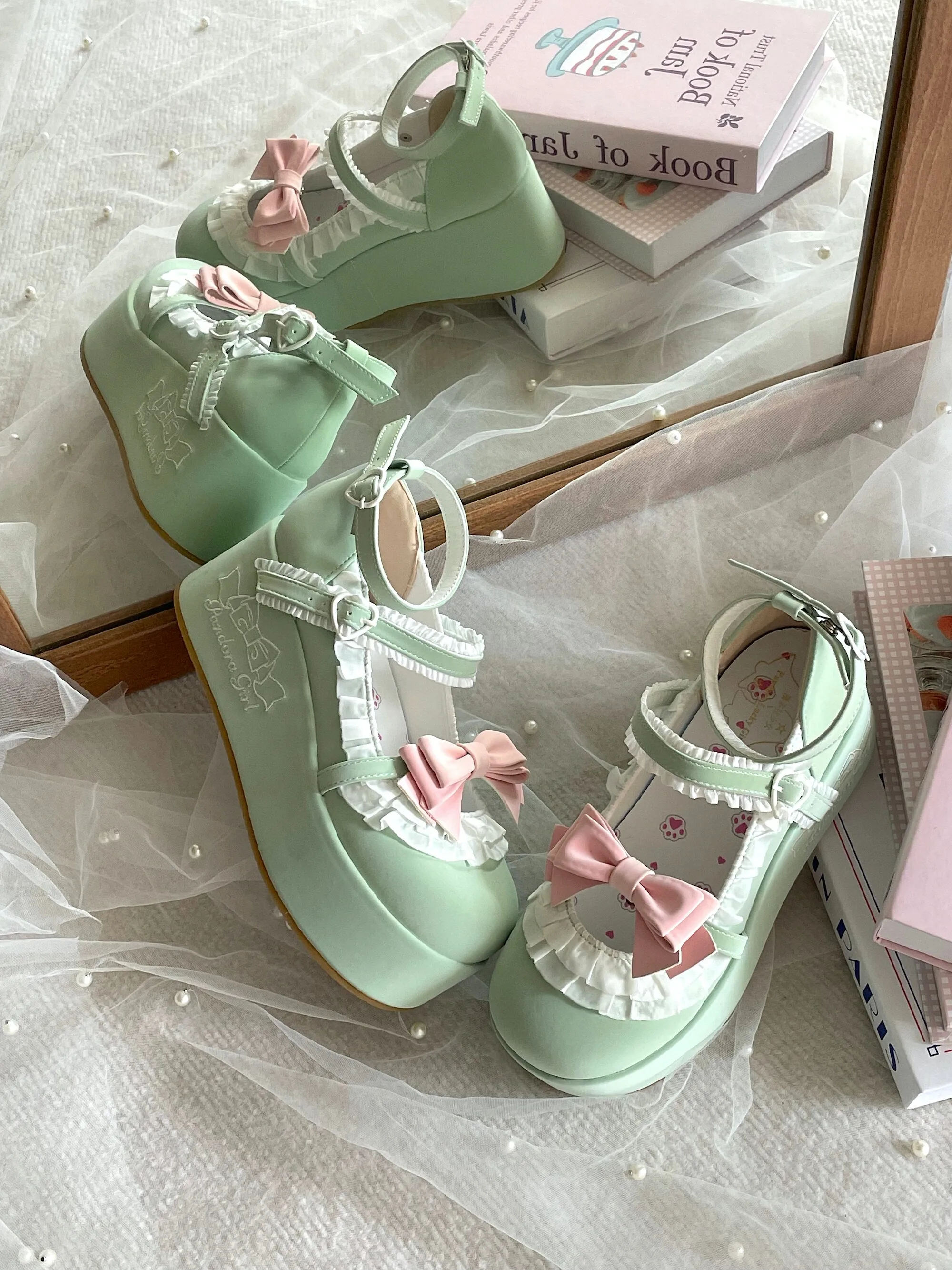 Doll Style Sweet Lolita Platform Mary Jane Shoes Women Bow Lace Ruffle Round Toe Ankle Strap Japanese Jk Cosplay Daily Shoes