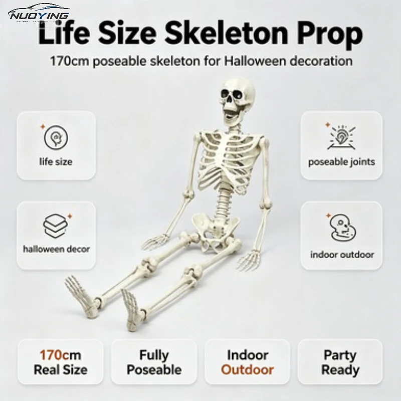 Lebensechte, bewegliche menschliche Skelettfigur mit flexiblen Gelenken, Schädelskulptur, Halloween-Dekoration für Garten, Terrasse, Hof und Spukhaus-Party