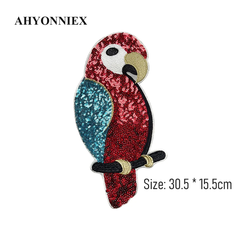 30.5CM X 15.5CM Parrot Embroidery Patch Sequin Large Patches For Clothing Pants Sticker Jeans Appliques Iron / Sew On Parches