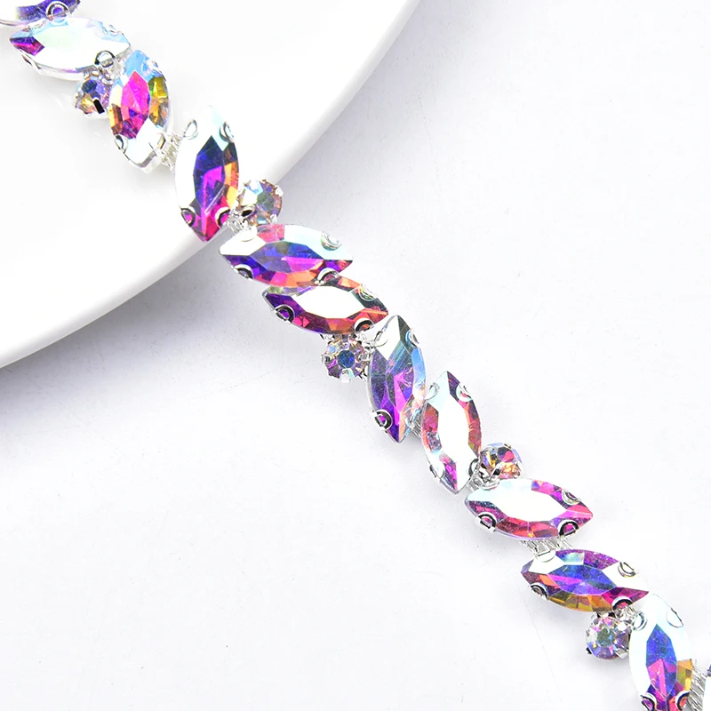 Glass Horse Eye Rhinestone Metal Chain Decorative Wedding Dress Crystal Flower Trim for Sash Belt Sewing Garment Accessories