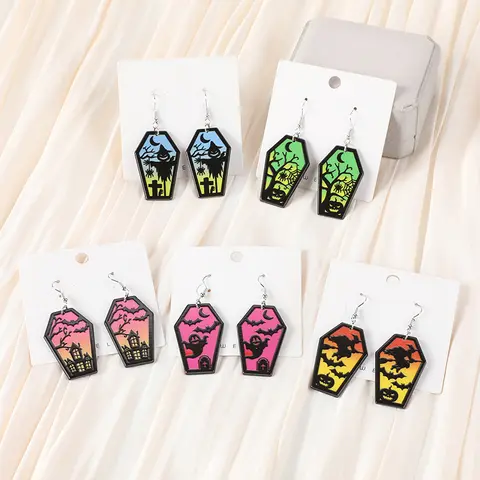 1Pair Halloween Coffin Drop Earring Creative Acrylic Ghost Bat Fashion Jewelry For Woman Girl Holiday Birthday Gift