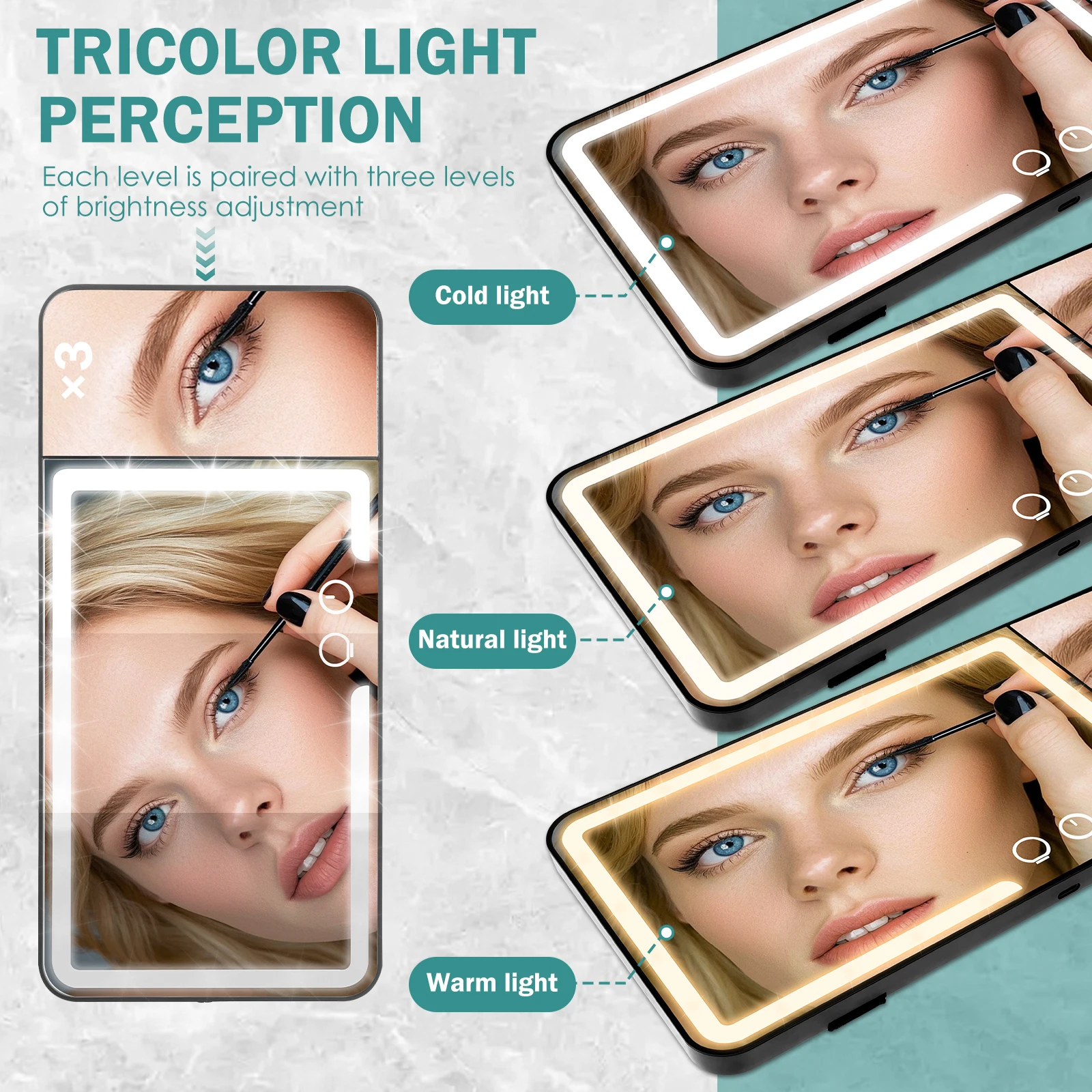 Lusterko kosmetyczne do samochodu z oświetleniem LED i powiększeniem 3X, montowane na osłonie przeciwsłonecznej, ładowane, 3 kolory.