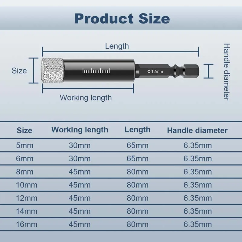 Dry Diamond Drill Bits Set for Granite Ceramic Marble Tile Stone Glass Hard Material Hex Shank Masonry Hole Saw Drill Bit 5-16mm