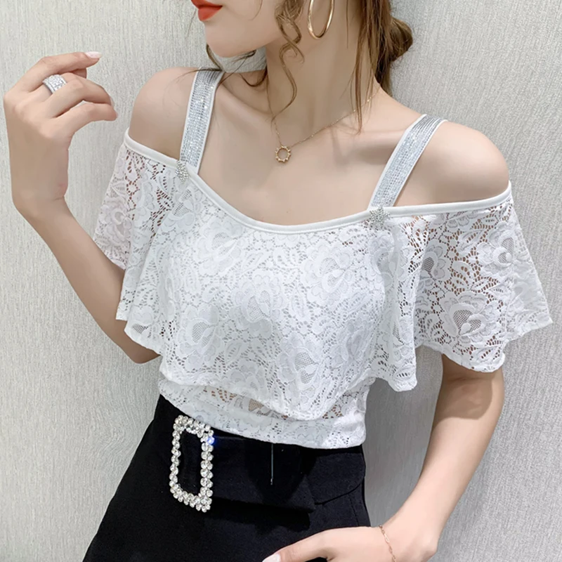 

Сексуальный кружевной укороченный топ, женская футболка ort Sve Summer Faion на одно плечо Bateau Ne Embellied Hem, корейская облегающая футболка