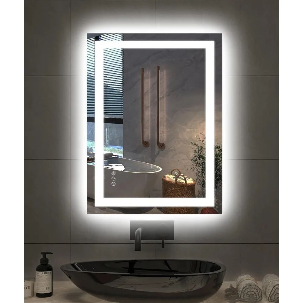 LED Bathroom Mirror 24x32 with Front and Backlight,Stepless Dimmable Wall Mirrors with Anti-Fog, Shatter-Proof, Memory,3 Colors