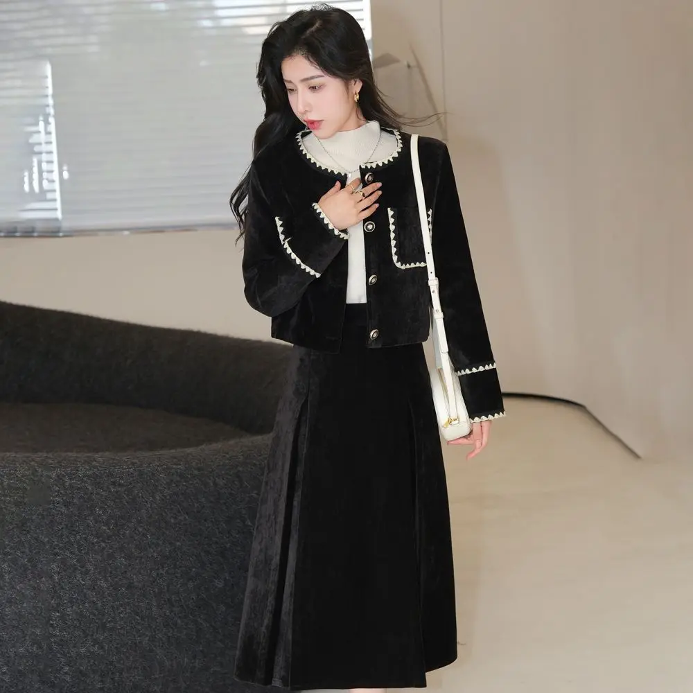 

Korea Two-Piece Small Fragrant Style Short Long-Sleeved Jacket High-Waisted Long Skirt Autumn Winter Thickened High-End Suit