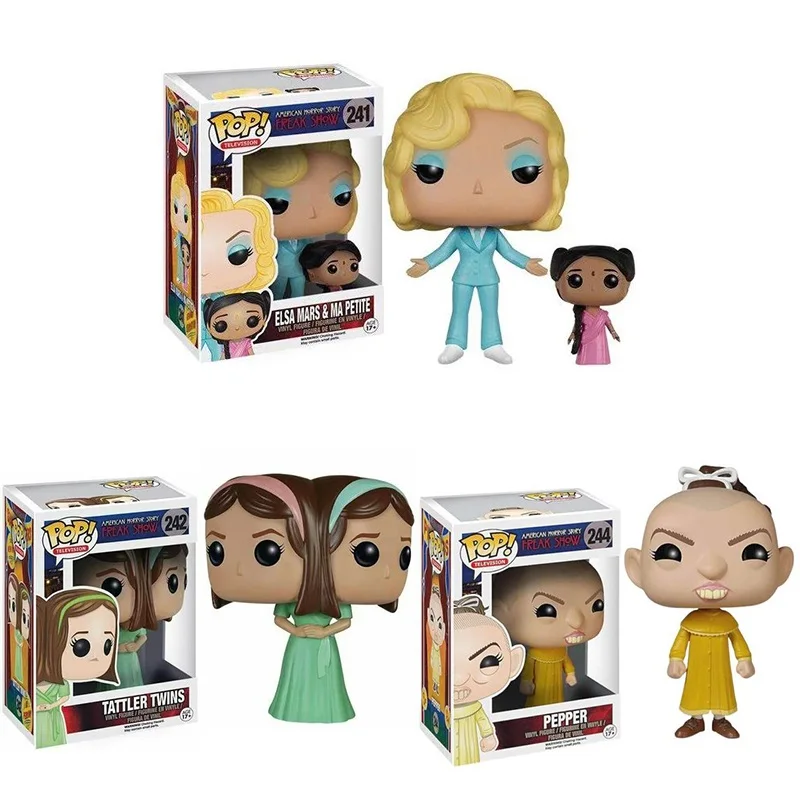 FUNKO POP História de Terror Americana Elsa Marte Ma Petite # 241 Gêmeos do Tattler # 242 Peppr # 244 bonecos de ação coleção de brinquedos presentes de bonecas
