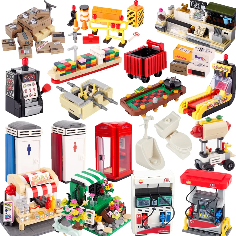 MOC City Street-bloques de construcción de escena, cabina telefónica, baños, consolas de juegos, barricada, paquetes Express, juguetes de ladrillos impresos DIY