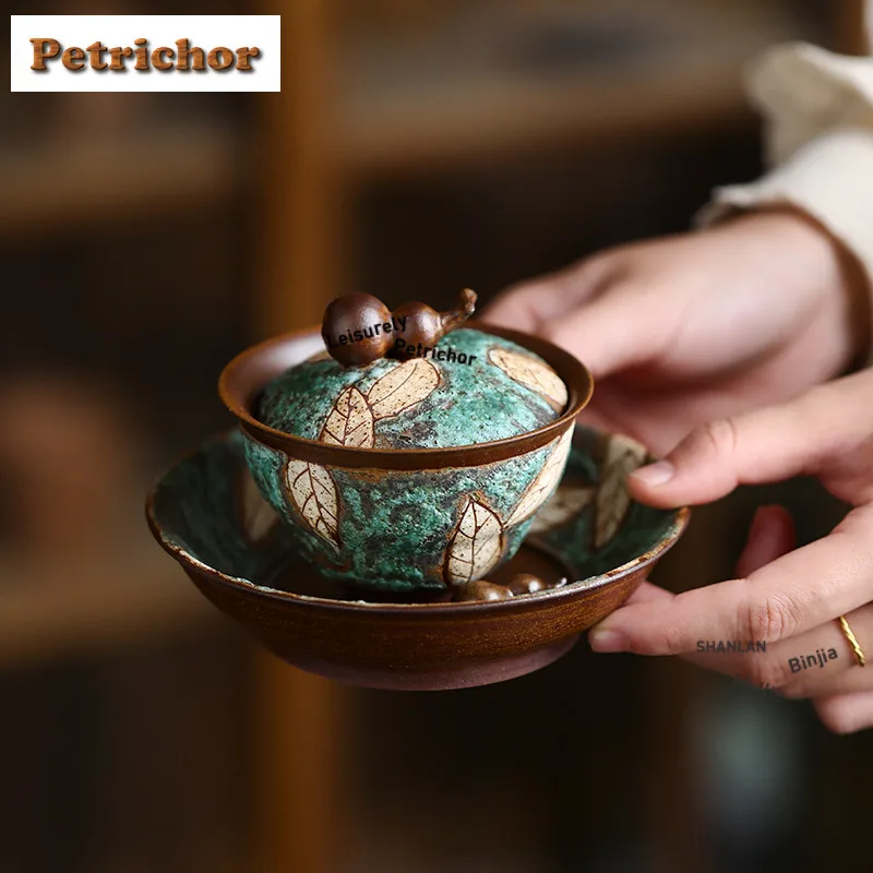 140ml Old Rock Mud Green Turquoise Carved Gourd Gaiwan Aesthetic Tea Tureen Tea Bowl With Lid Kit Tea Maker Cover Bowl Teaware