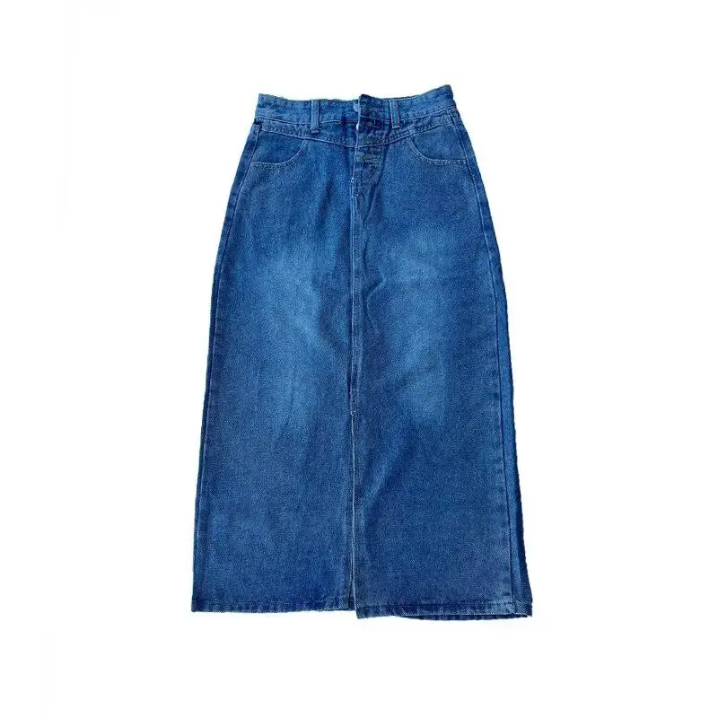 

High Waist A-Line Denim Skirt Women's Spring Summer Side Slit Slimming Street Sle Casual Du down Filled Zipper Closure