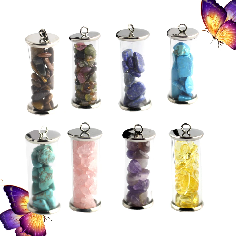

8 pcs Wishing Bottle Pendant Glass Hanging Container Colored Crystal Chips Practical Drifting Bottle Keychain