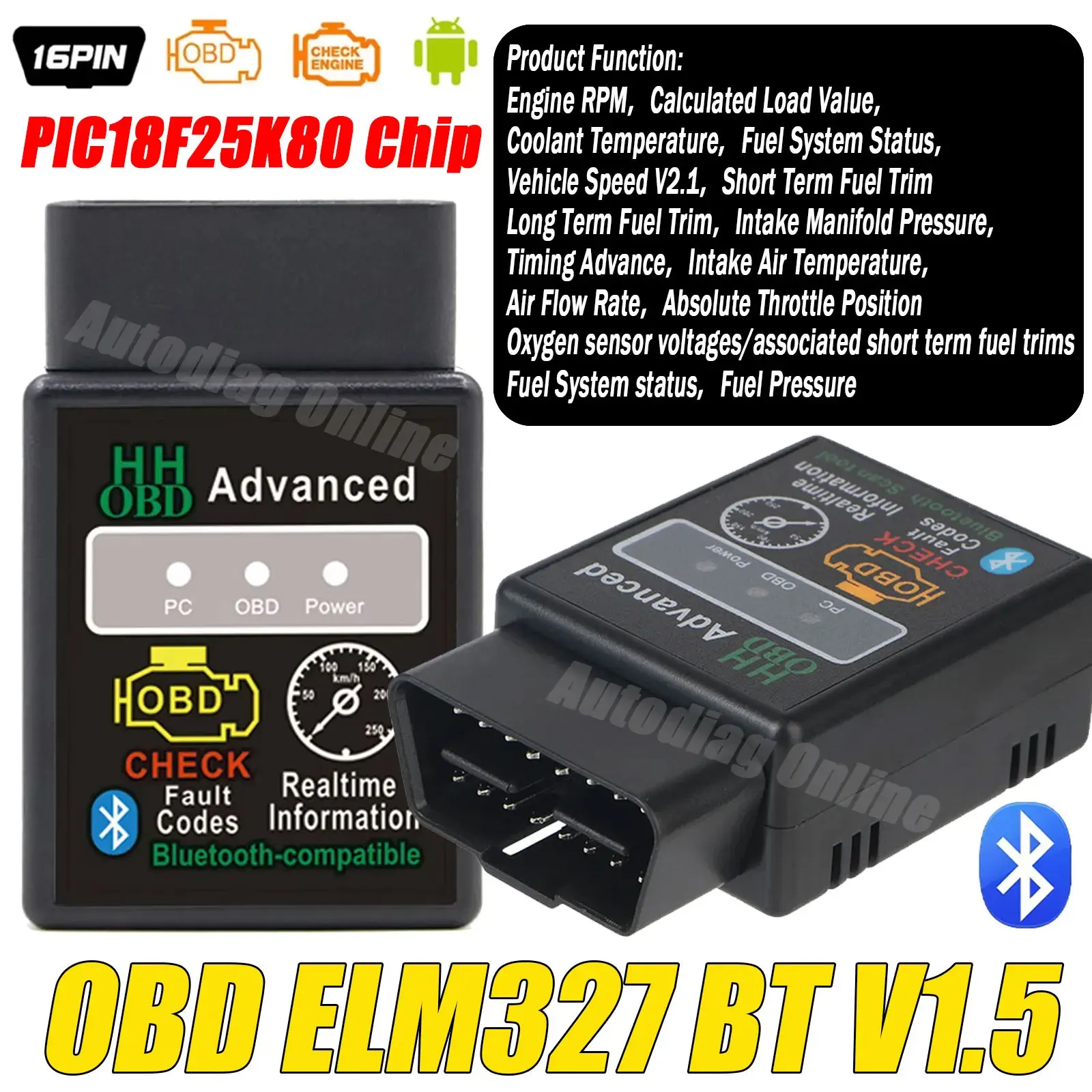 

ELM327 Car Diagnostic Tools V1.5 OBD2 Code Reader Scanner Bluetooth 16Pin OBD2 Interface Adapter 12V Auto Engine Tester Scanner