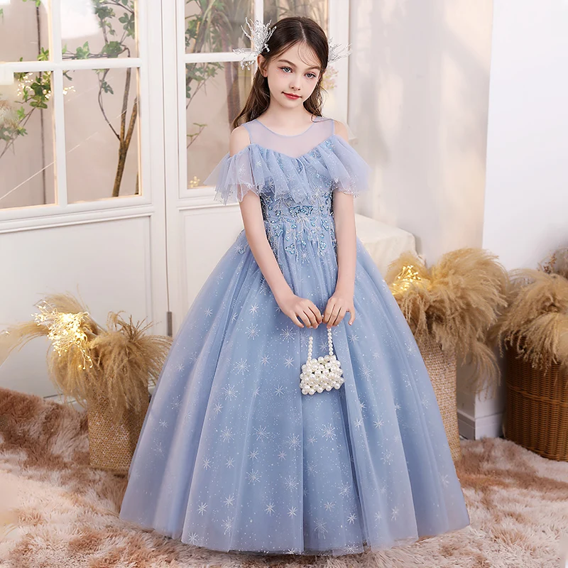 Girls dress round neck floor length sky blue mesh tulle skirt bridesmaid dress New Year's Day dress