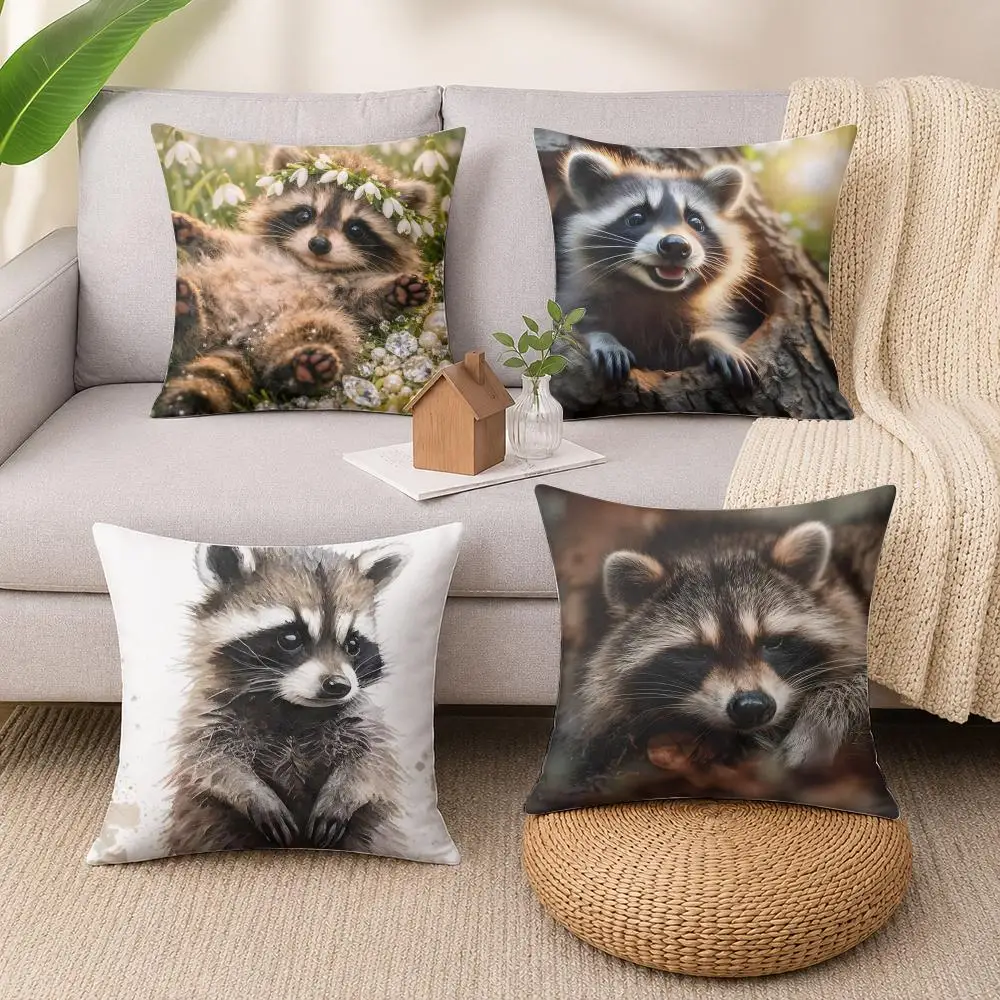 Cute Raccoon Cushion Cover Luxury Soft Plush Short Fur Cushion Case Warm Cozy Sofa Bed Decorative Home Accent