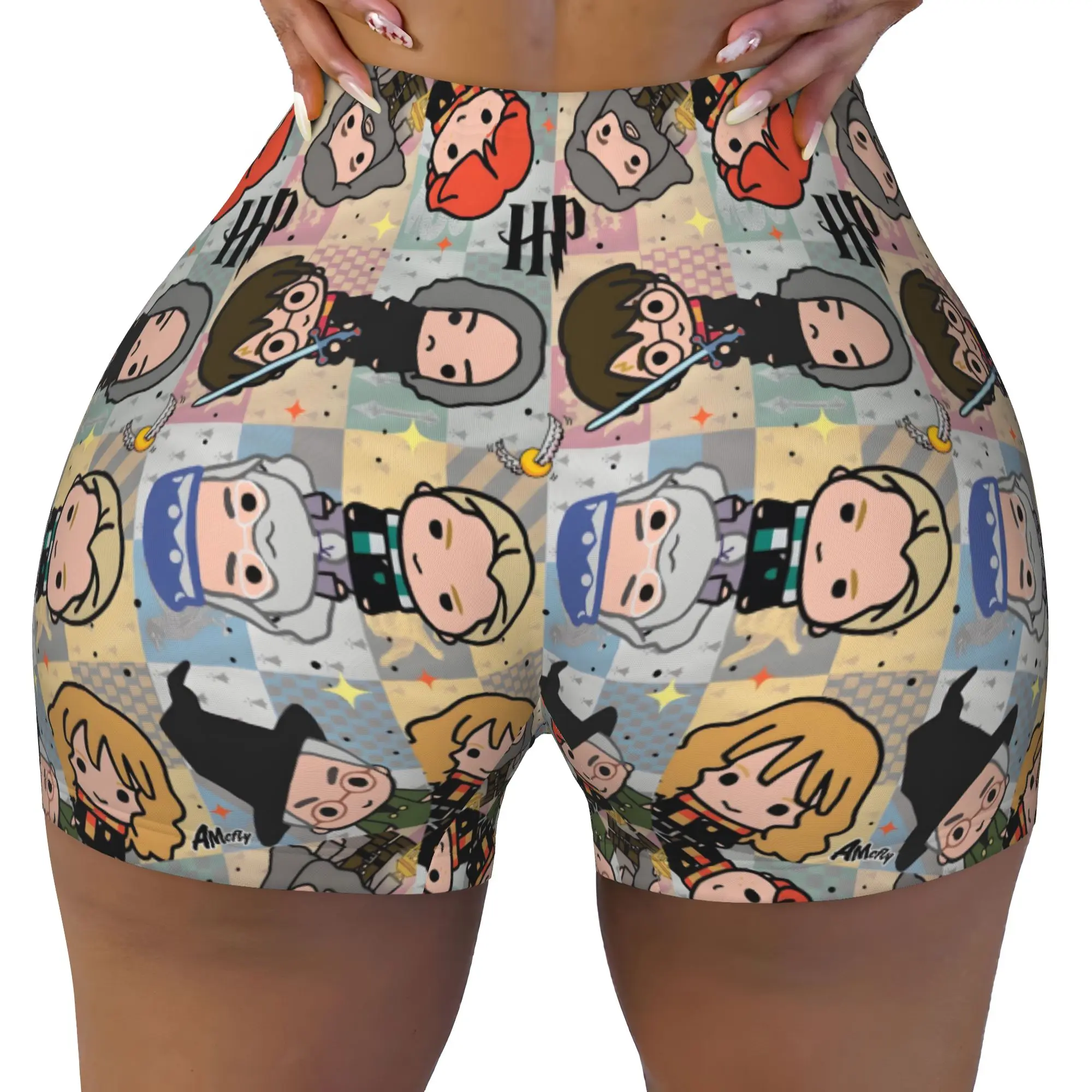 Custom H-Harryed Cartoon Biker Running Workout Shorts Women Halloween Witchcraft Athletic Gym Yoga Shorts