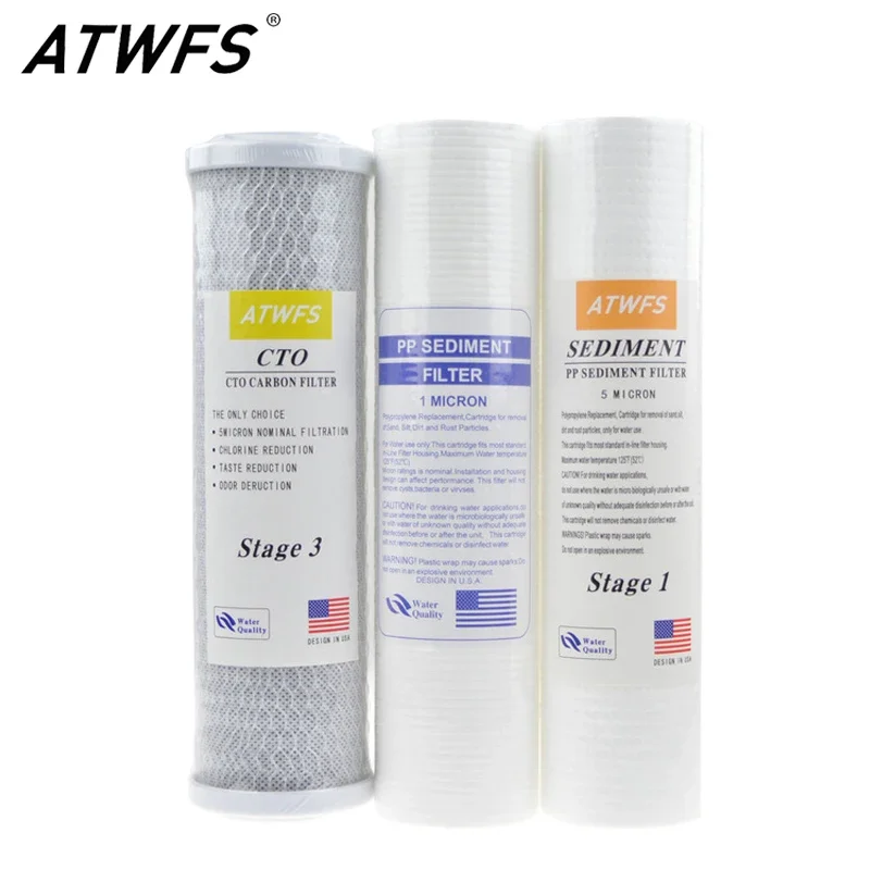 ATWFS 10-Inch Water Purifier Filter 5 micron PP Cotton Filter+ 1 micron PP Filter+ Activated Carbon Filter Cartridge