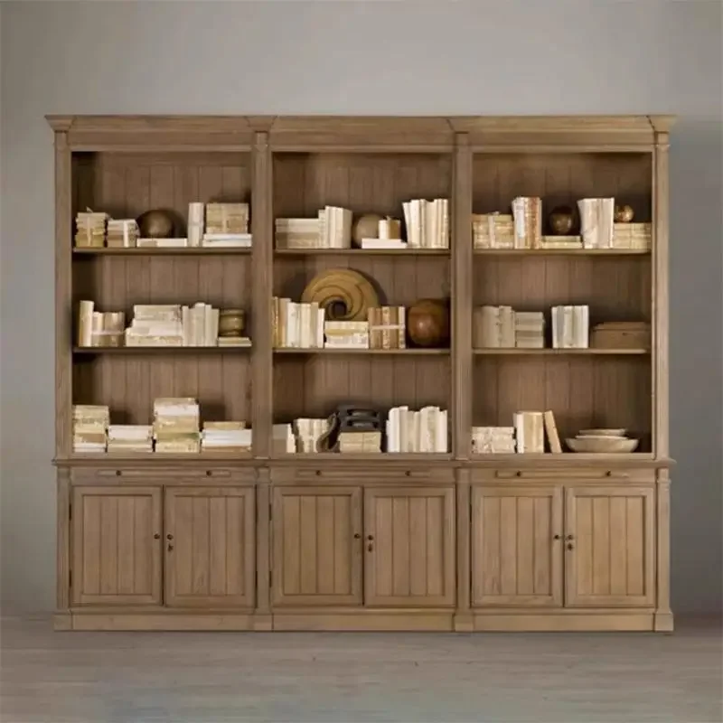 Wall combination bookcase, solid wood rural retro old living room bookcase, display cabinet, wall side cabinet