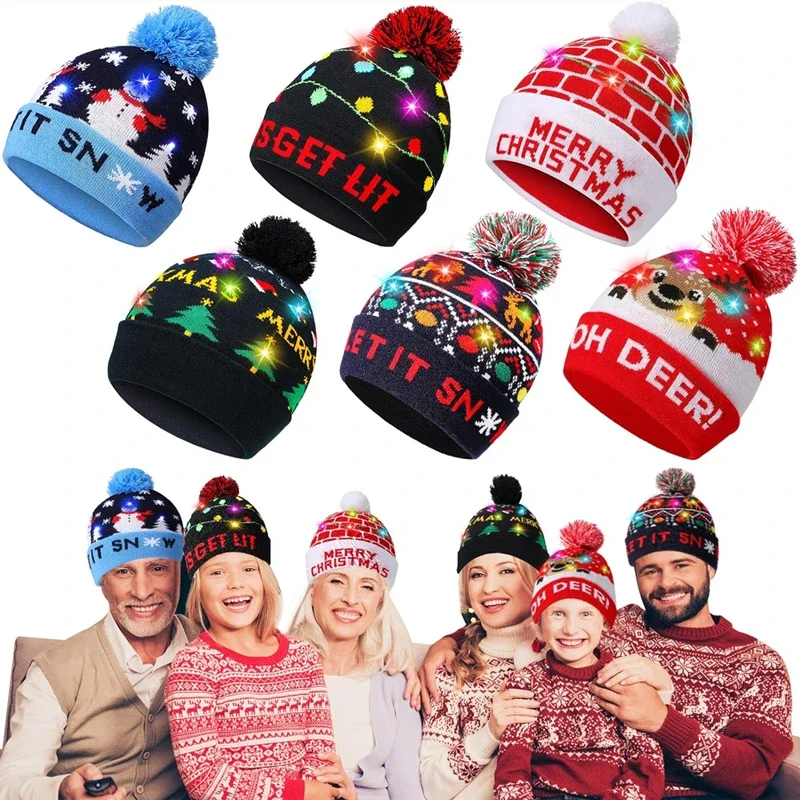 Newest 2/1PC LED Christmas Knitted Hat Light Up Xmas Beanie Cap Unisex Winter Beanie Sweater Hat Colorful LED Christmas New Year