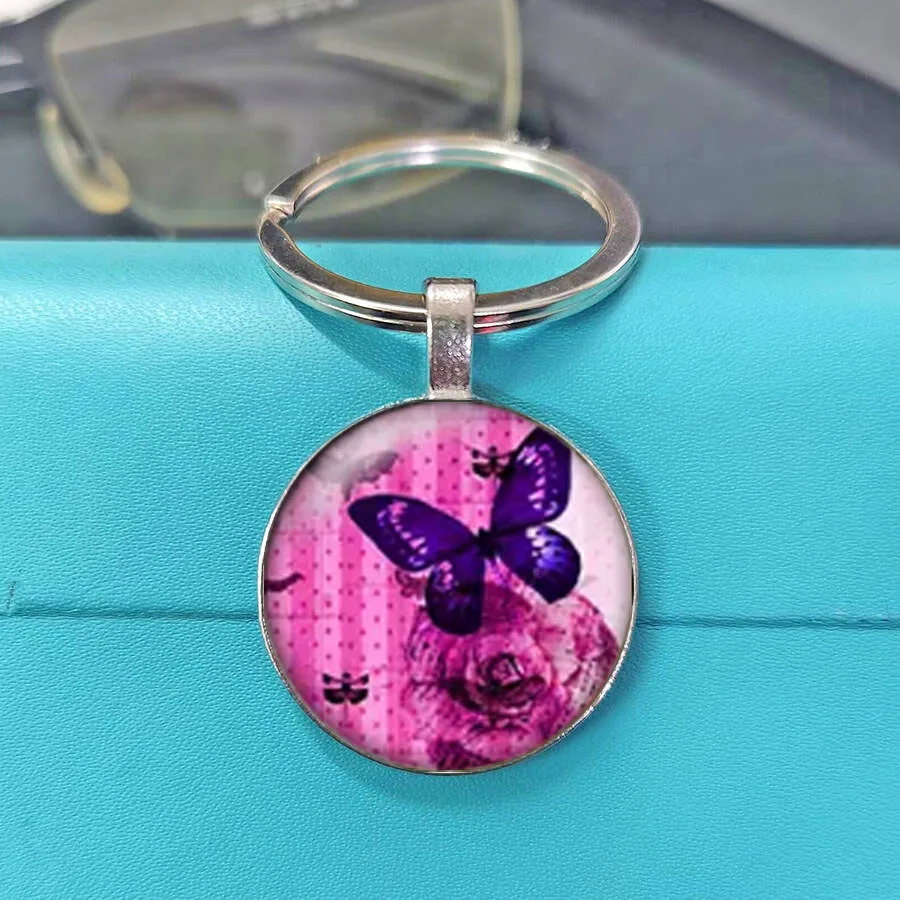 Popular Butterfly & Rose Glass Keychain - Retro "Paris" Style Butterfly & Rose Print Cabochon Key Ring, Shabby Chic Accessory