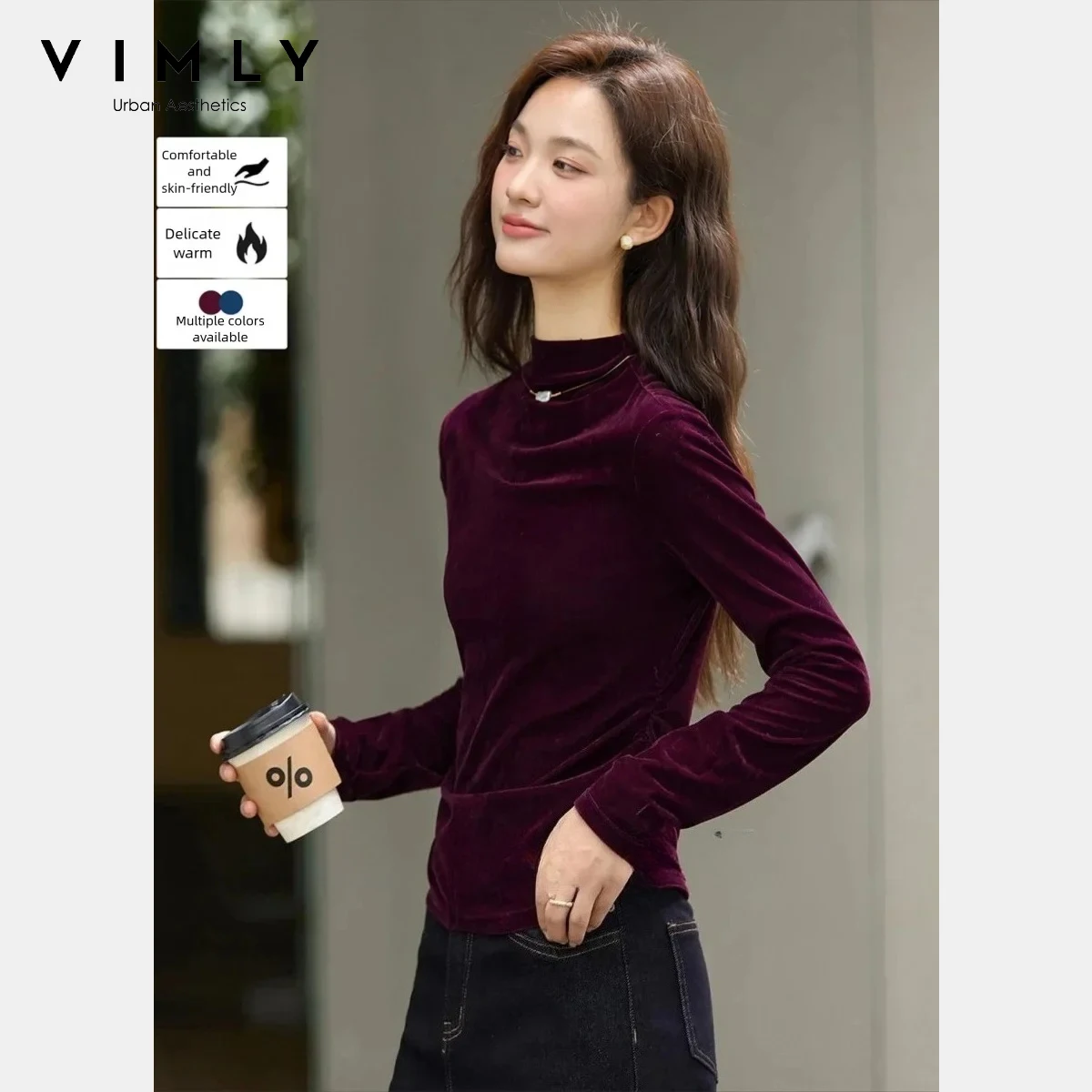 

VIMLY Women's T-shirt Casual Solid Half Turtleneck Velvet Long Sleeve T-Shirt 2025 Winter New Knitted Slimming Ladies Tops A3305