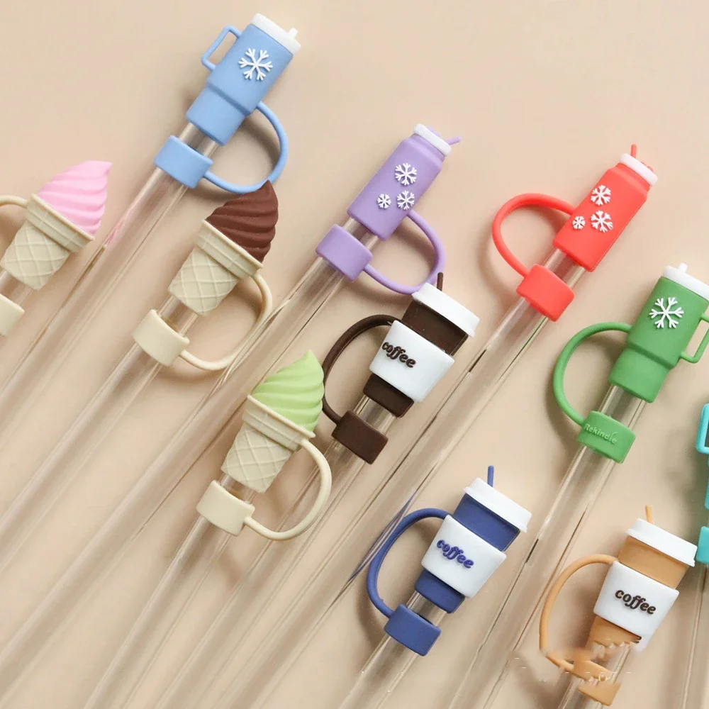 

Straw Cover Cap for Stanley Tumblers Cup Accessories Cute Coffee Mug Ice Cream Shape Silicone Straw Dust Toppers Spill Stopper