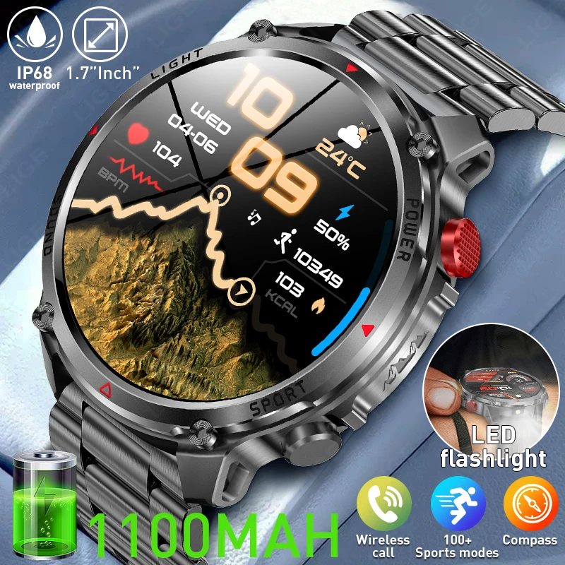 2026 Smart Watches Men 1100mAh Battery IP68 Waterproof Sports Watches Run tracker Outdoors Compass Military Smartwatch For Men