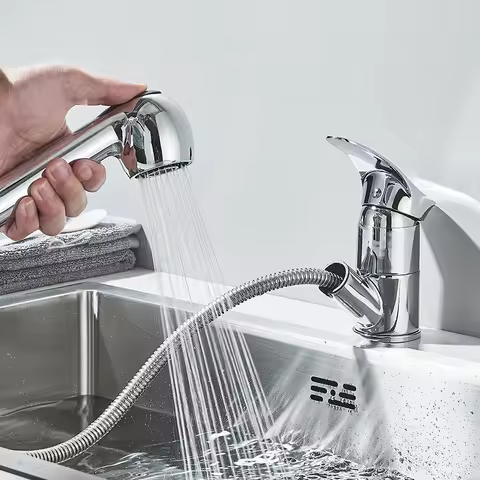 Chrome Pull Out Long Spout Kitchen Faucet Rotation 2Modes Shower Head Deck Mount Cold Hot Water Mixer Kitchen Sink Faucet