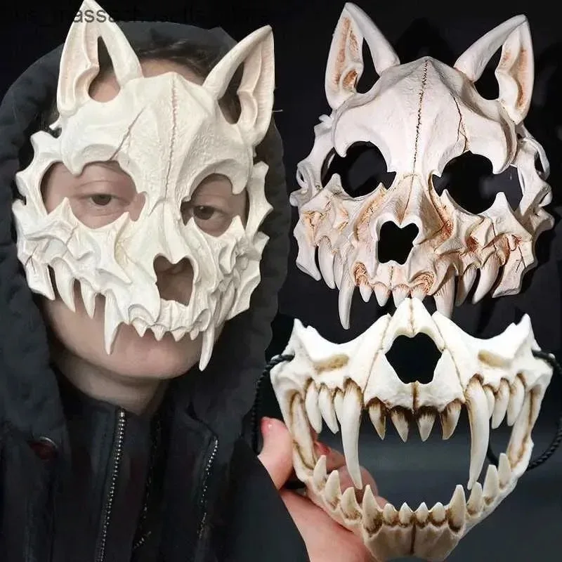 Masque de crâne de fête, dents longues, squelette de démon, demi-masque, loup, Dragon, tigre, Houjuu Nue, accessoires de Costume d'halloween, 2025