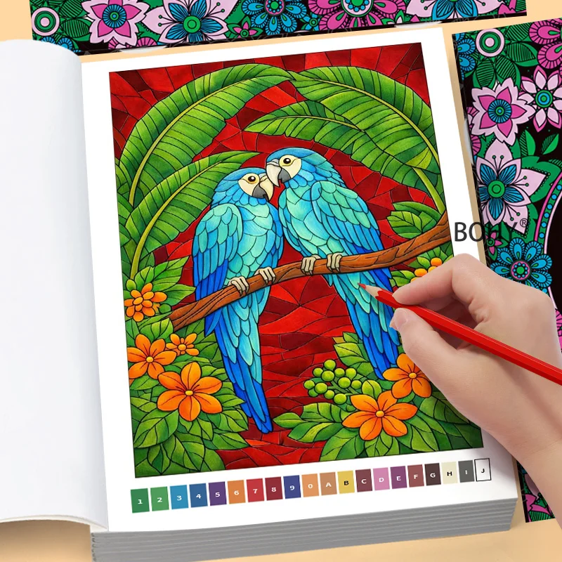 Coloring Book for Adults Themed with Animals/flowers/mandalas Complete Coloring Through Corresponding Numerical Prompts 32 Pages