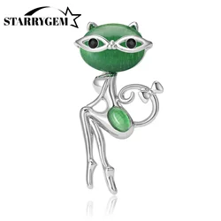 Cute Cartoon Cat Brooches for Women Cat's Eye Stone Animal Pins Office Party Collection Friends Gifts Plant Accessories