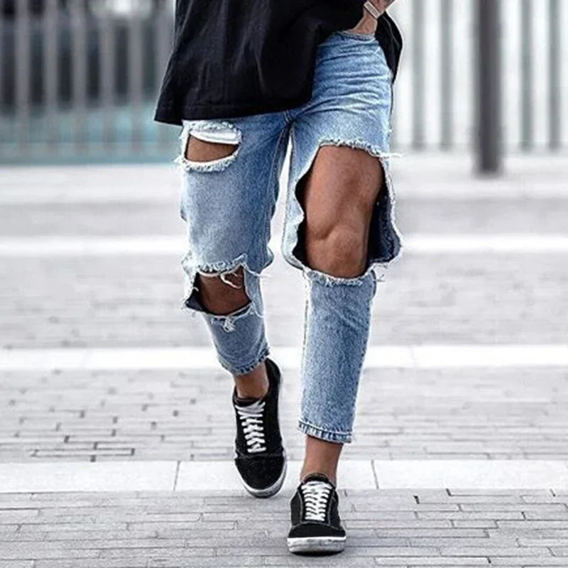 

Men's Streetwear Distressed Big Hole Jeans For Men Ripped Skinny Denim Loose Pants Man Hollow Out Jeans Hip Hop Trousers Clothes