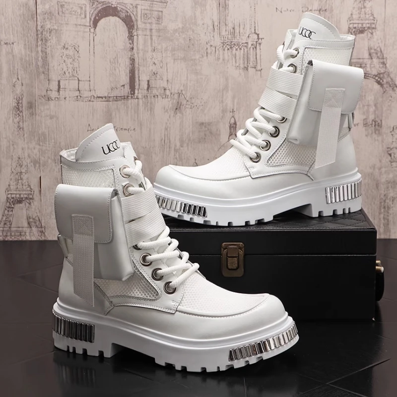 White Men's Thin High-top Shoes New Mid-tube Motorcycle Boots Men's Summer Hollow Out Ankle Boots D2A20