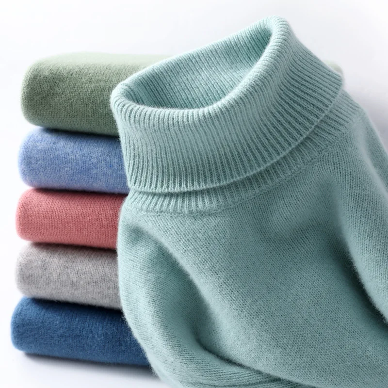 100% Wool Knitted Sweater Men Turtleneck Winter Pullover Thickened Warm Cashmere