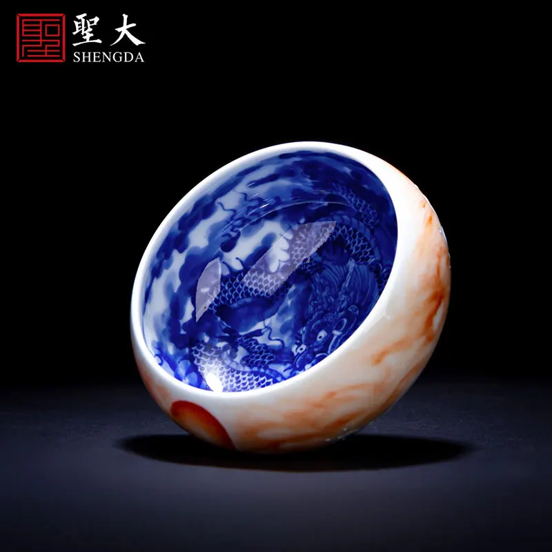 |Kung Fu teacup master cup blue and white blue and red dragon Tengdong sea Yuanrong cup Jingdezhen handmade tea set