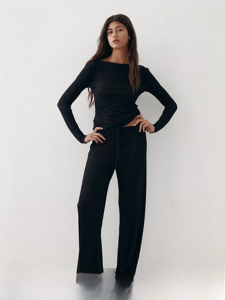

H&M Women's Ribbed Sleepwear Set 1248828 Casual Style Long Sleeve Home Clothes Polyester 65% Viscose 35% Spring Season
