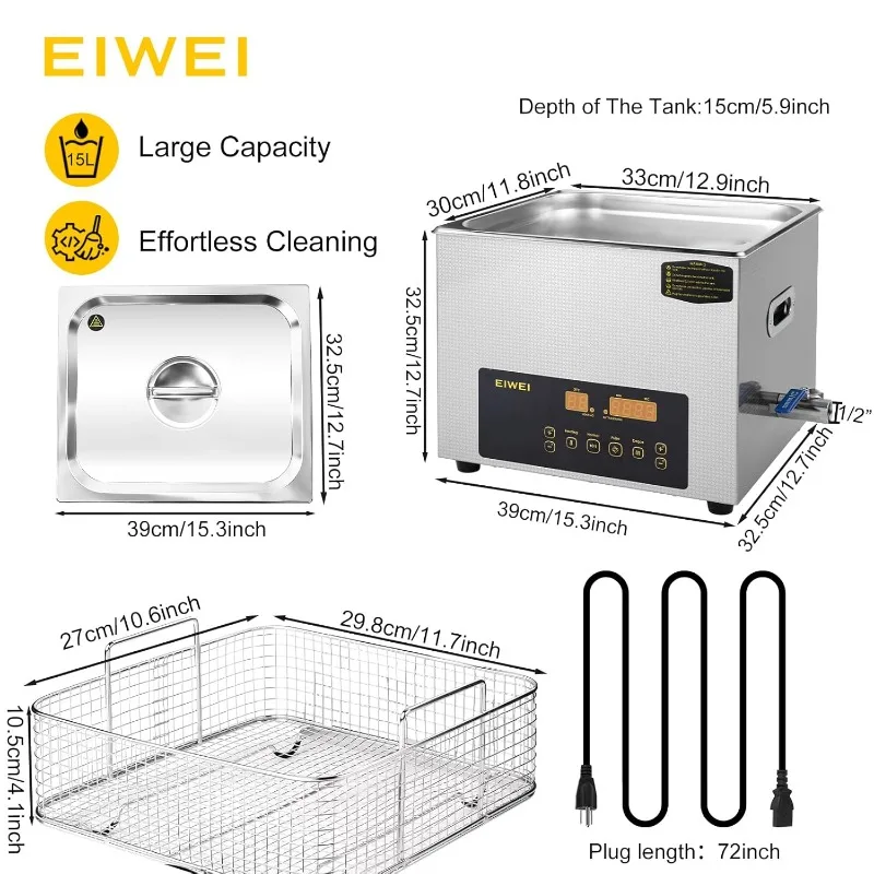 15L Ultrasonic Cleaner Dual-Frequency Professional Digital Stainless Steel Cleaning Machine with Heater Timer for Carburetor