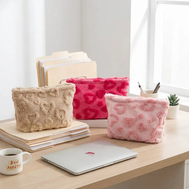 3Pcs/Set Cute Plush Makeup Bag Women Heart Fluffy Cosmetic Pouch Teddy Fleece Travel Organizer Portable Skincare Lipstick Case