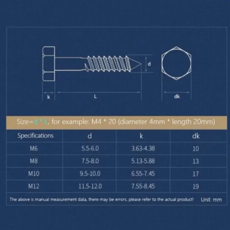 Peijian Hex Lag Wood Screw Bolt M6 M8 M10 M12 Stainless SUS304/SUS316 Steel External Hexagon Self Tapping Screw