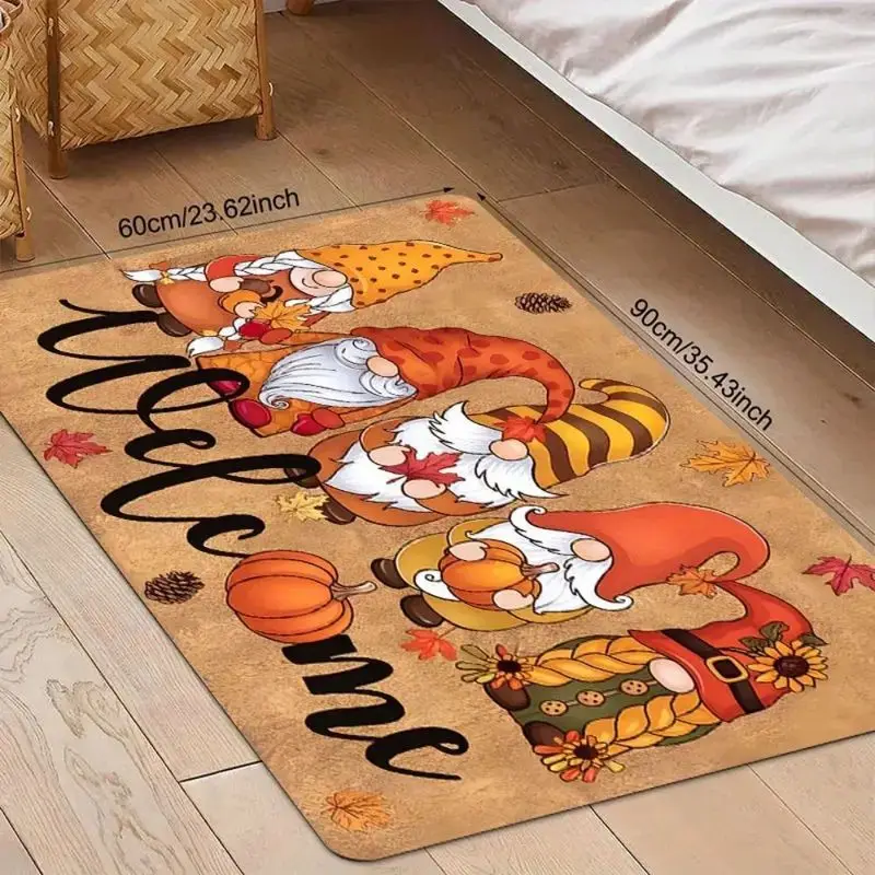 VIKAMA Fall Door Mat Five Gnomes Pumpkin Maple Leaf Sunflower Welcome Print Washable Mat For Front Door Porch Entry Autumn Decor