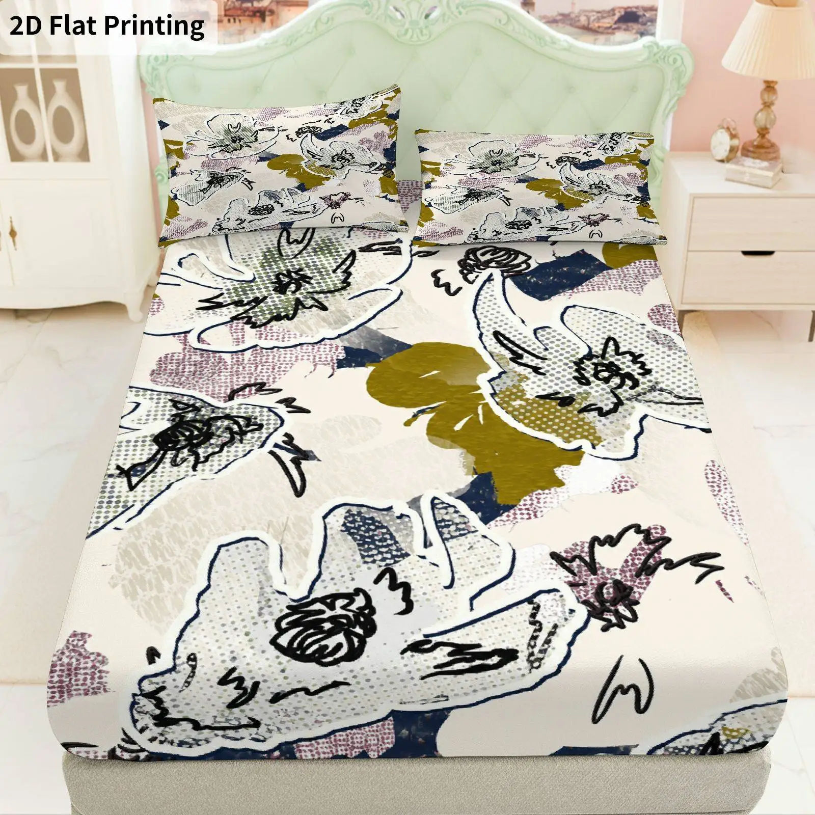 Floral Leaf Pattern Bed Sheets Full Set Printed Fitted Sheet Mattress Protector Breathable Polyester Material (Includes 1 Fitted Sheet + 2 Pillowcases) Mattress Protector Fitted Elastic Style Protective Cover Mattress Protector, Fitted Bedding Set Christmas Themed Bedding Baby Bedding Suitable for Nursery Room