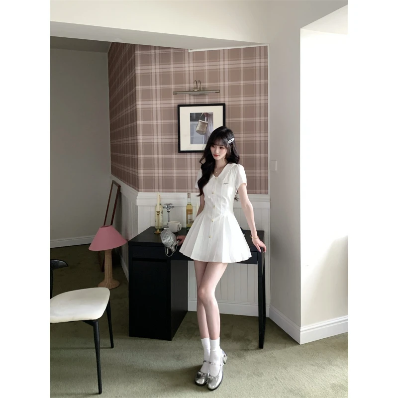 Yuehan Xiaoyu, sal marinho jasmim, vestido camisa branca estilo academia verão primeiro amor cintura saia plissada feminina