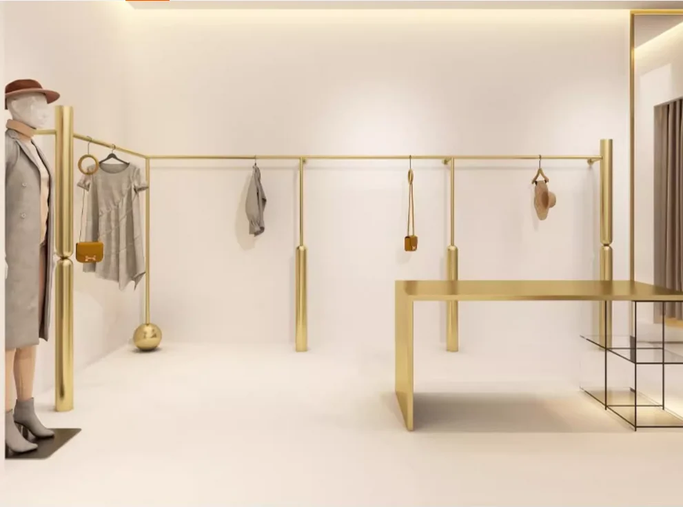 

Clothing store display rack, gold women's clothing wall shelf